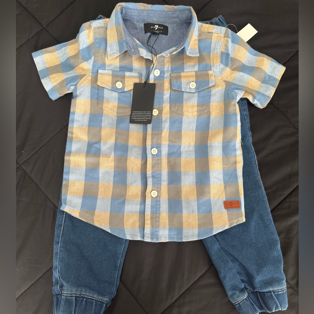 Charming Blue and Tan Kids Plaid Shirt and Jeans Set